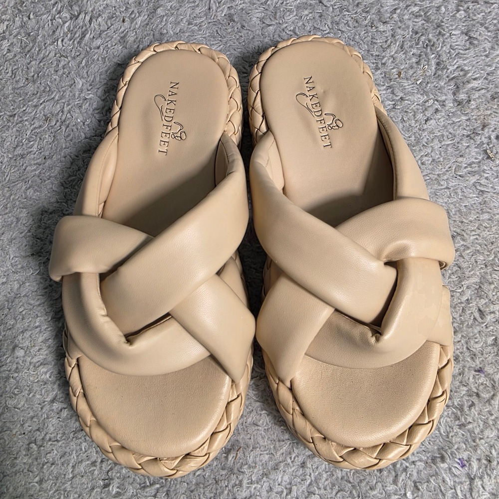 Naked Feet Padded Puffy Slide Sandals Beige Braided Platform Women 6.5-7